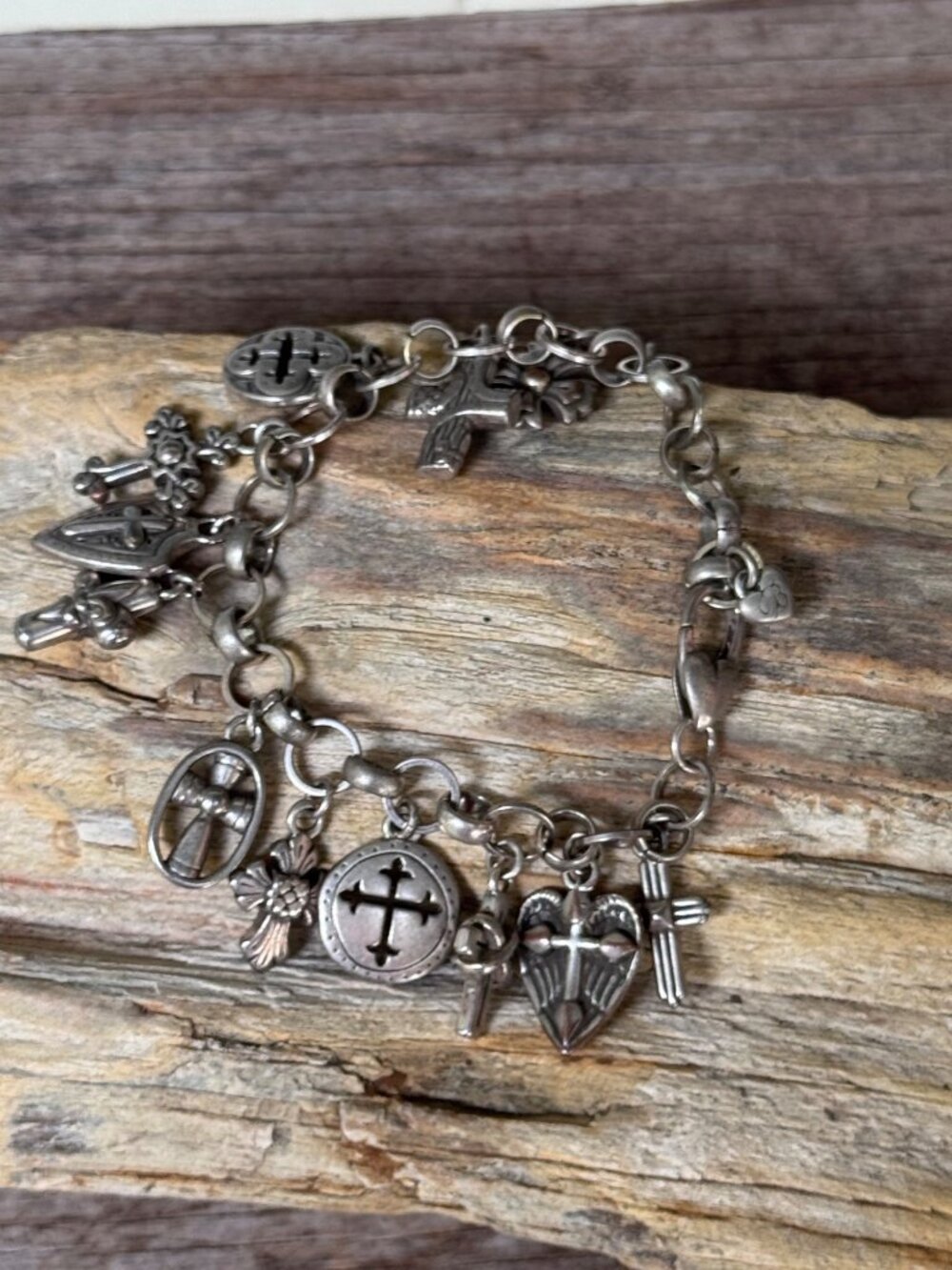 Brighton Religious Charm Bracelet Cross Angel Heart Silver Tone Retired